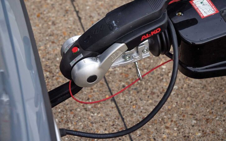 The Al-Ko tow hitch with stabiliser handle pressed down and active
