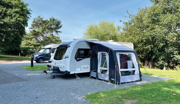 A caravan pitched up at Durham Grange Caravan and Motorhome Club Site
