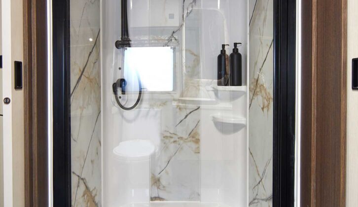 The shower cubicle in the centre of the caravan