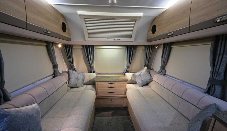 A lounge photo taken at night