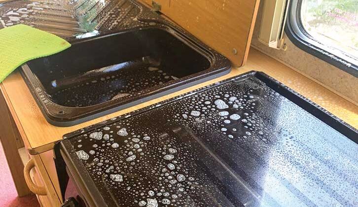 A kitchen with cleaning solution on it