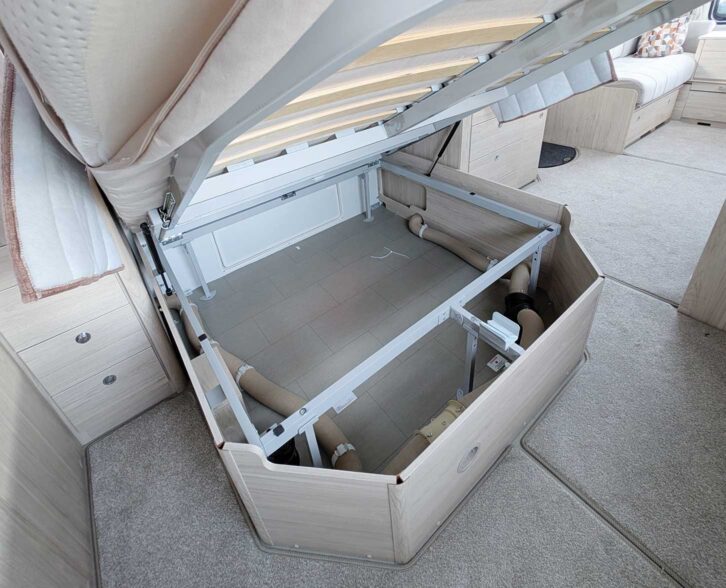 The storage in the caravan under the bed