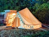 Lottie's Eriba caravan with the Glawning attached at night