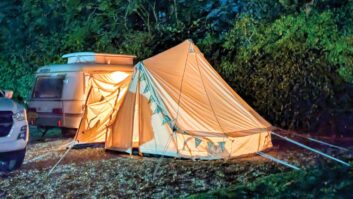 Lottie's Eriba caravan with the Glawning attached at night