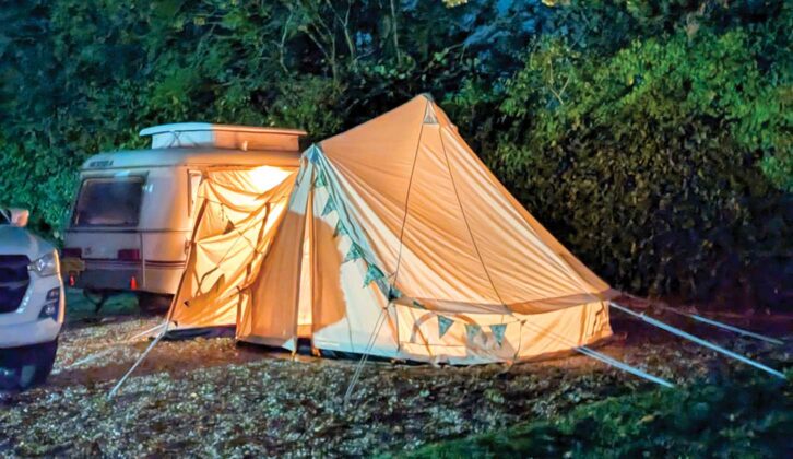Lottie's Eriba caravan with the Glawning attached at night