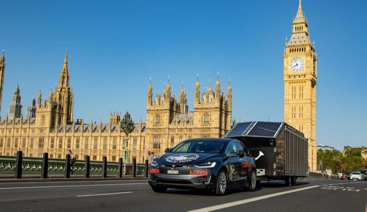 The Solar Butterfly in London in 2023 driving past Big Ben