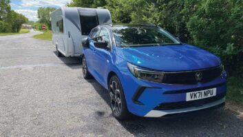 The Vauxhall Grandland hitched up to a caravan