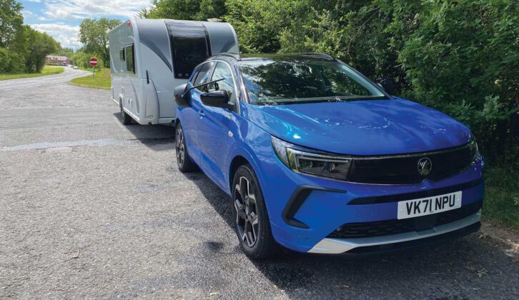 The Vauxhall Grandland hitched up to a caravan