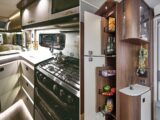 The kitchen in the Lusso IV (left) and the storage opposite (right)