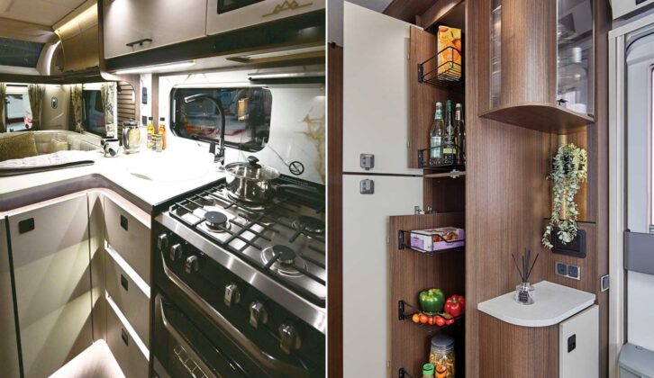 The kitchen in the Lusso IV (left) and the storage opposite (right)