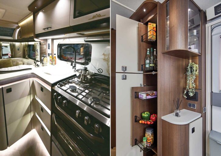 The kitchen in the Lusso IV (left) and the storage opposite (right)