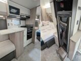 The kitchen in the Conqueror 580 (left); and the 133-litre slimline fridge (right)