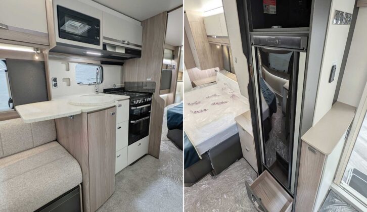 The kitchen in the Conqueror 580 (left); and the 133-litre slimline fridge (right)
