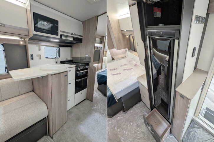 The kitchen in the Conqueror 580 (left); and the 133-litre slimline fridge (right)