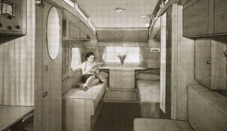 Somebody relaxing inside an Eccles caravan, 1938