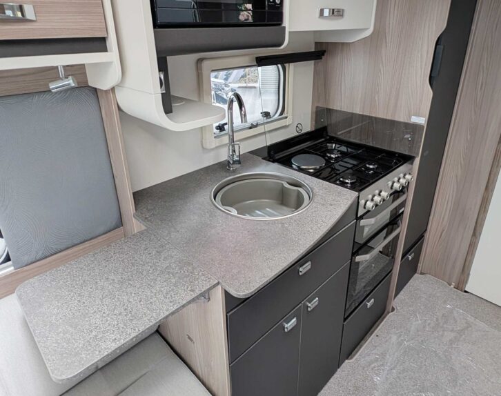 The Challenger's kitchen with the worktop extension in place
