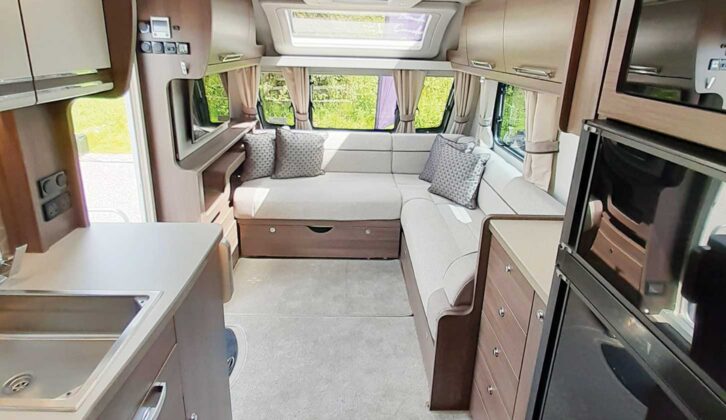 An L-shaped lounge in a caravan