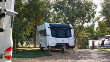 The Coachman Laser 480 Xtra on a pitch