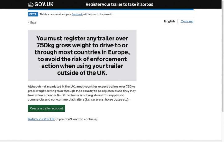 The starting screen to register your caravan to take it abroad