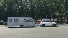 A car and caravan from the side