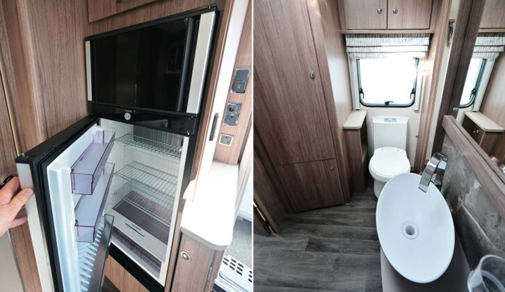 The fridge-freezer (left) and the washroom (right_