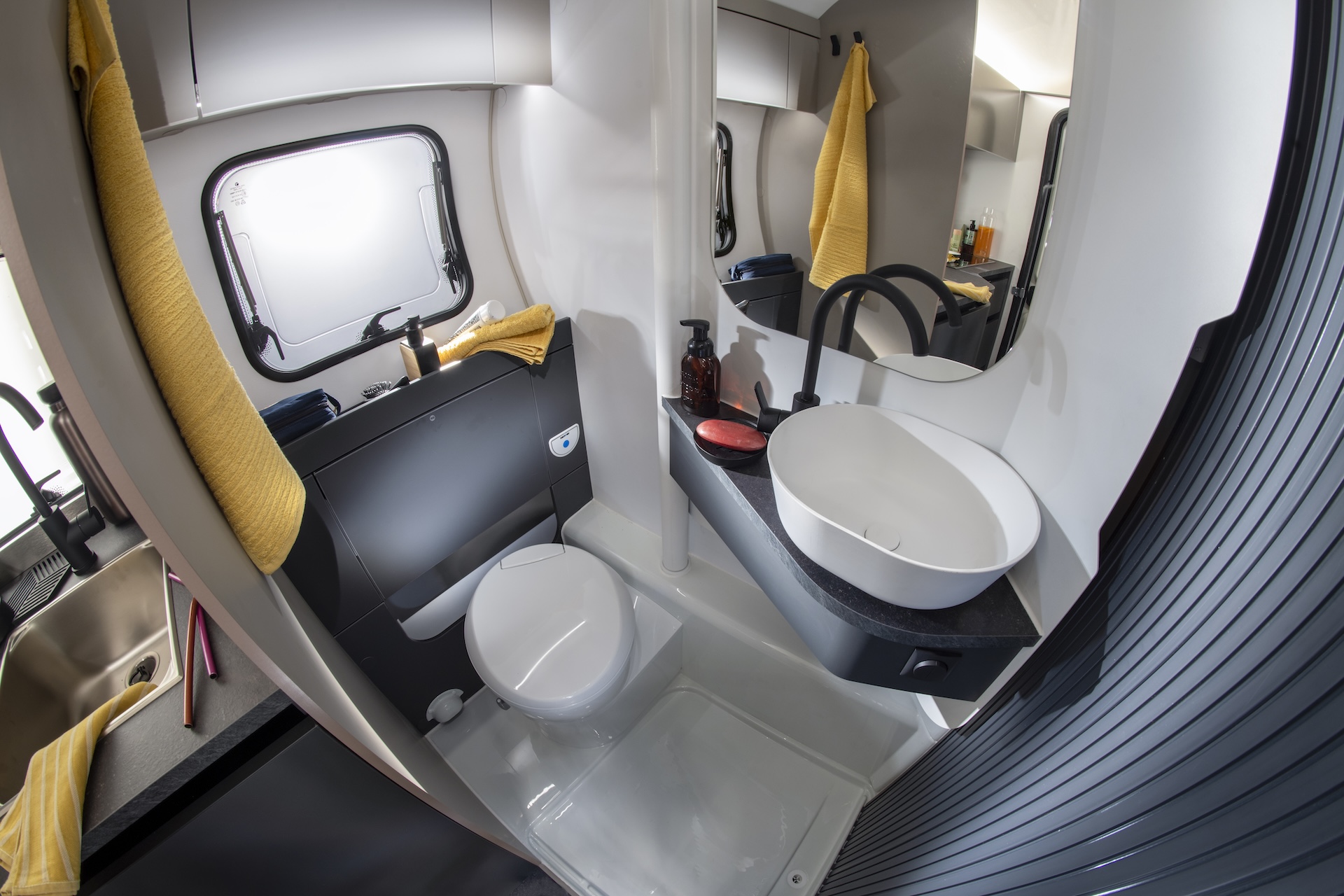 Washroom of Adria's Action caravan