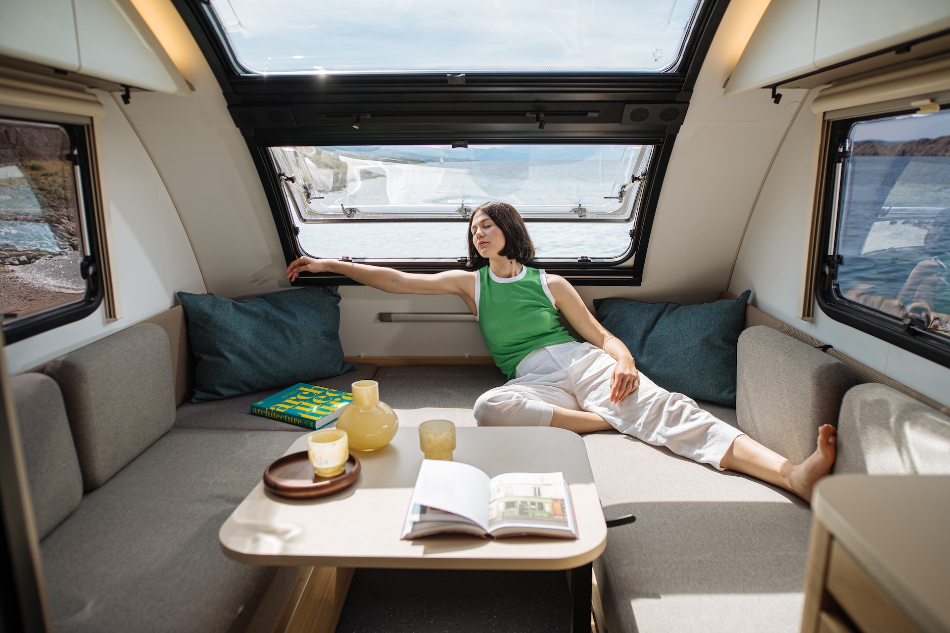 Interior shot of the lounge of Adria's Action caravan