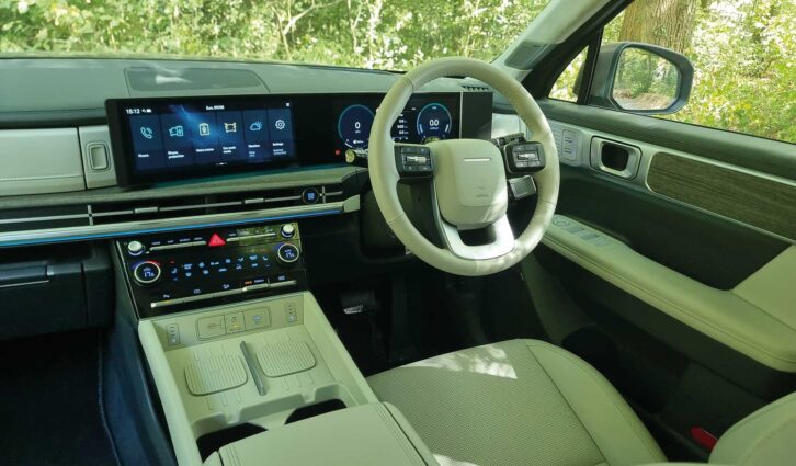 The driver's seat and dashboard in the Santa Fe