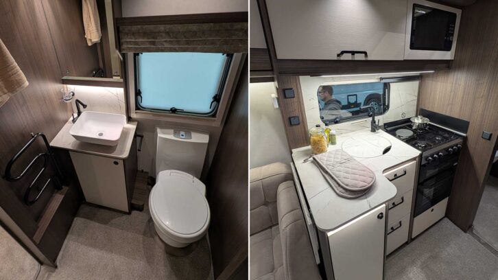 The washroom (left) and kitchen (right) in the Acadia 655 Xtra
